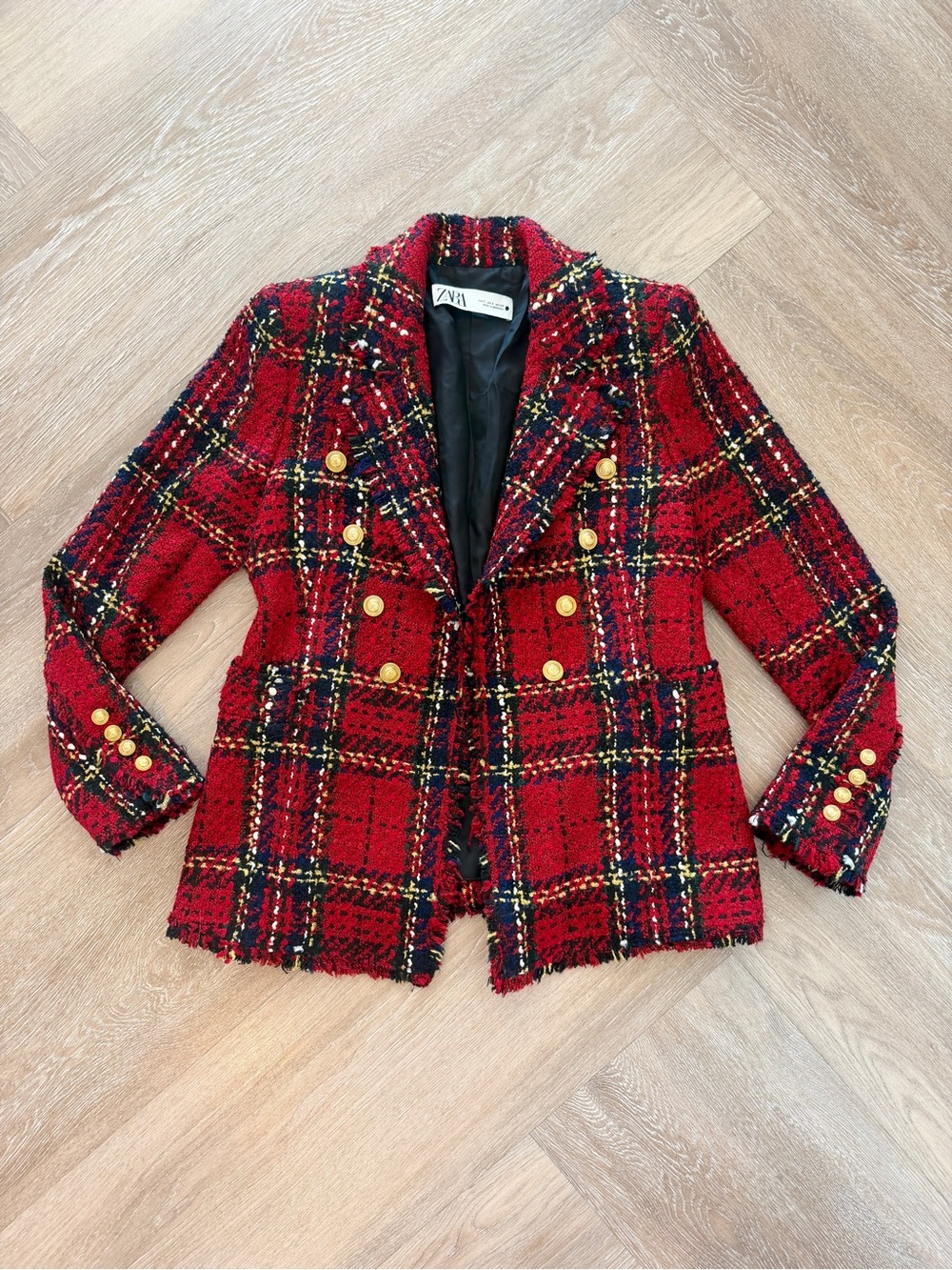 ZARA Women's Red Plaid Tartan Double Breasted Blazer Jacket Size S